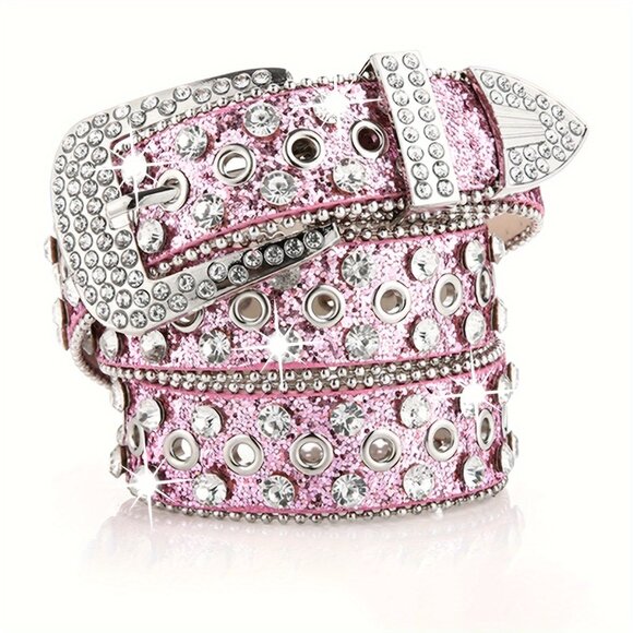 Passion of Essence Accessories - Pink Hip Hop Cowboy Cowgirl Rhinestone Y2K Belt Buckle - Trendy Faux Leather